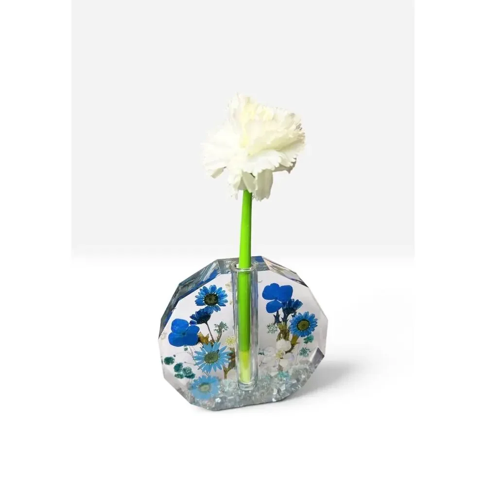 Forever Bloom Blue Meadow Bud Vase Real Pressed Flowers in Crystal Clear Resin